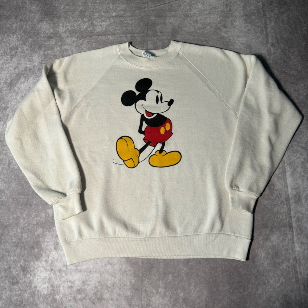 Vintage Disney Mickey Mouse Sweatshirt Mens Large White Crew Made in USA 80s